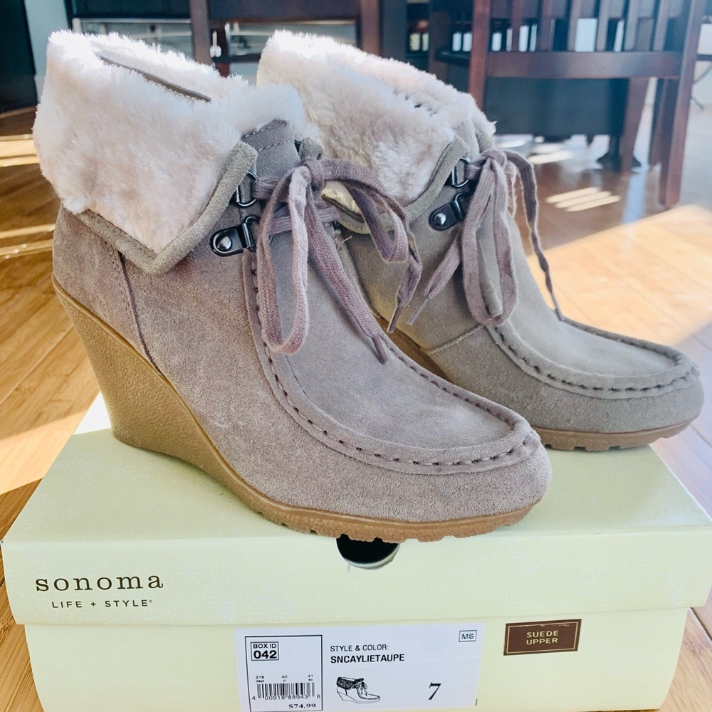 Sonoma Taupe Suede Wedges with Fur Trim